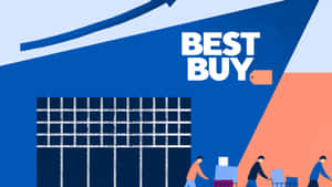 購物者在 Best Buy 店外推著購物車，搭配大膽的藍色和橙色幾何設計。 — 最佳購買 壁紙