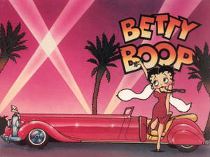 Betty Boop 在紅色敞篷車中，粉紅色霓虹燈下，有棕櫚樹。 — 粉嫩粉彩美學 壁紙