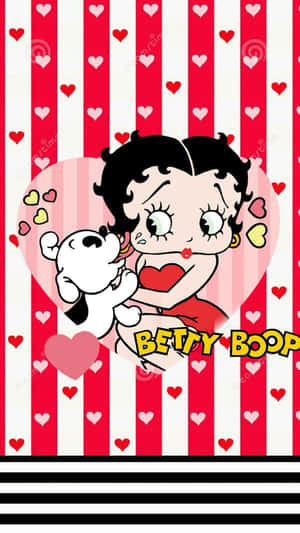 Betty Boop 在條紋背景上抱著一隻狗，周圍有心形圖案。 — 可愛聖誕快樂 壁紙