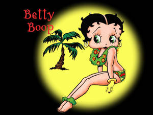 Betty Boop 穿著花卉夏威夷草裙在棕櫚樹旁，背景是發光的黃色圓圈。 — 芭比美人魚 壁紙