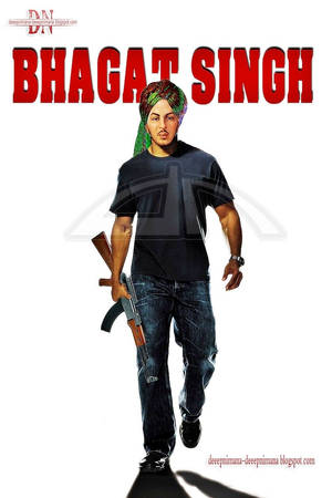 Bhagat Singh 身穿現代服裝手持AK-47的肖像。 — 民間藝術 壁紙