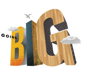 「BIG」這個詞用有質感的3D字母寫成，上方有鳥飛翔和雲朵漂浮。 — 史詩 壁紙