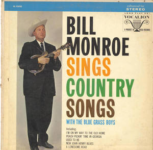 Bill Monroe 身穿西裝和牛仔帽，手持曼陀林，復古鄉村音樂專輯封面。 — 音樂 壁紙