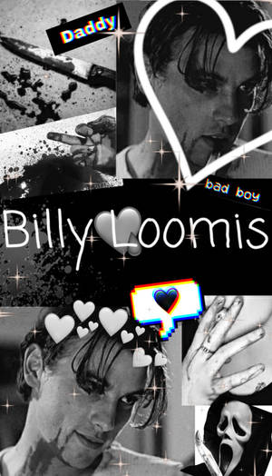 Billy Loomis 的拼貼畫，帶有心形、刀具和「Daddy」文字，黑白風格。 — 比利·盧米斯 壁紙