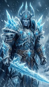 冰霜巨人戰士身穿冰甲，在暴風雪中手持發光劍。