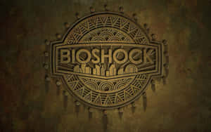 Bioshock 標誌刻在生鏽的金屬上，帶有幾何設計和鉚釘。 — 16:10 壁紙