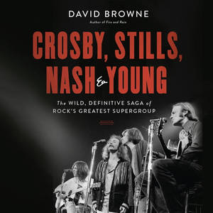 Crosby Stills Nash and Young 在舞台上現場表演，帶有紅色文字疊加。 — 音樂 壁紙