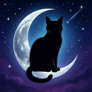 黑貓棲息在彎月上，星空下有流星。