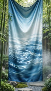 藍色緞面窗簾，帶有水波紋設計，懸掛在竹林花園中。 — iPhone 5 壁紙