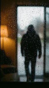 人影站在帶有雨痕的窗外，室內燈光溫暖。