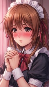 動漫女孩穿著女僕裝，臉紅並雙手合十