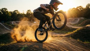 日落时分，BMX车手在土坡赛道上完成神龙摆尾动作。 — 極限運動 壁紙