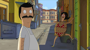 Bob Belcher 看著穿著漢堡服裝的Linda在一條陽光明媚的小巷中走出門口。 — 三明治 GIF 壁紙
