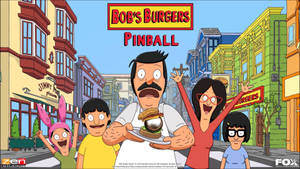 Bob Belcher 和他的家人在熱鬧的城市街道上慶祝一個巨型漢堡。 — 卡通 壁紙