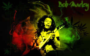 Bob Marley 彈吉他，周圍有彩色煙霧和大麻葉。 — 大麻 壁紙