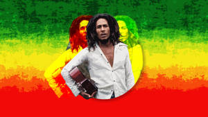 Bob Marley 在色彩繽紛的漸層背景前拿著吉他。 — 巴布·馬利語錄 壁紙