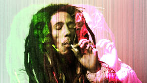 Bob Marley 抽大麻煙，帶有故障藝術效果的綠色和粉紅色效果。 — 抽菸 壁紙