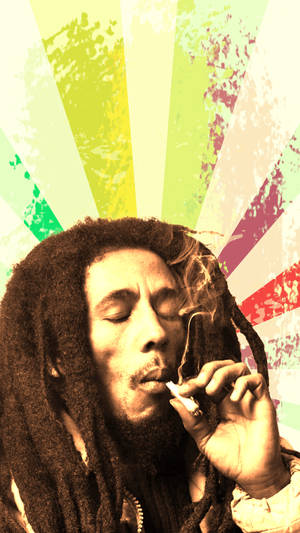 Bob Marley 閉著眼睛抽煙，背景是色彩繽紛的日出光芒。 — 抽菸 壁紙