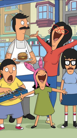 Bob's Burgers 一家在行人路上笑著演奏音樂。 — 家庭 壁紙