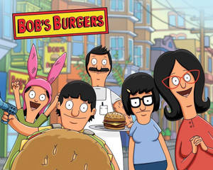 Bob's Burgers 一家在餐廳前微笑，旁邊有一個巨大的漢堡。 — 卡通 壁紙