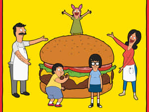 Bob's Burgers 一家在巨型漢堡周圍擺出快樂的表情。 — 可愛卡通 壁紙