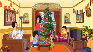 Bob's Burgers 一家在一個有萬聖節和聖誕節裝飾的客廳裡。 — 卡通 壁紙
