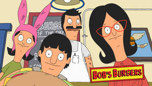 Bob's Burgers 一家人在他們的餐廳裡，與一個巨型漢堡和標誌牌。 — 卡通 壁紙