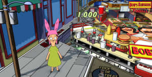 Bob's Burgers 的 Bobbie 站在一個帶有漢堡主題藝術的巨大彈球機旁。 — 可愛卡通 壁紙