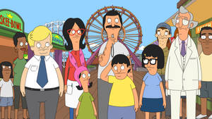 Bob's Burgers 角色在遊樂園，後面有個摩天輪。 — 家庭 壁紙