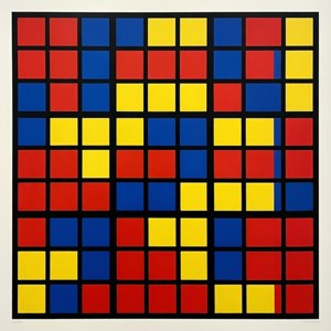 抽象藝術作品，以粗黑線分隔的紅色、藍色和黃色方塊網格為特色。 — Pixel Watch 5 壁紙
