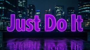 紫色霓虹燈標誌寫著 Just Do It，在夜間城市濕漉漉的人行道上反射。