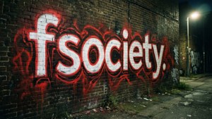 夜間在街燈下，磚牆上紅白塗鴉寫著fSociety。