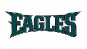 帶有白色內輪廓的青綠色和銀色 Eagles 運動隊標誌。