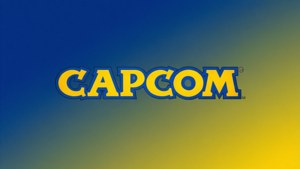 大膽的黃色Capcom標誌，帶藍色輪廓，在藍色到黃色的漸變背景上。