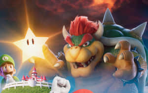 Bowser拿著一顆發光的星星，而Luigi在城堡附近、火紅的天空下觀看。 — MacBook Air M1 壁紙