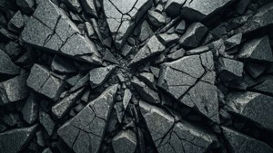 以放射狀圖案排列的破碎深灰色岩石碎片。
