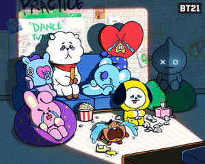 BT21角色在凌亂的房間裡，伴隨著灑出的爆米花和破碎的心海報哭泣。 — 黒死牟 壁紙