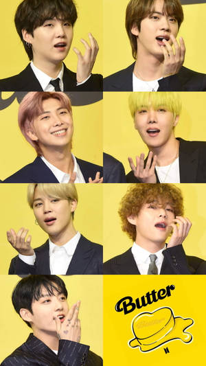 BTS 成員身穿西裝在黃色背景前擺姿勢，帶有 Butter 標誌。 — CIA標誌 壁紙