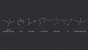 BTS 成員名字在星座形狀下方，背景為繁星點點的深色 — 夜空 壁紙