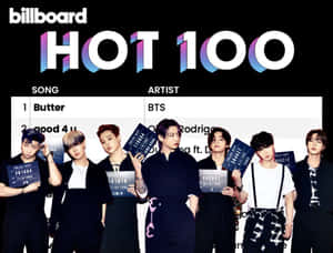 BTS在Billboard Hot 100排行榜圖形前拿著打板。 — 4:3 壁紙