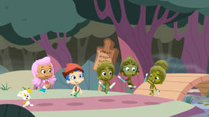 Bubble Guppies 角色走過一個有紫色樹木的彩色森林。 — 泡泡小隊 壁紙