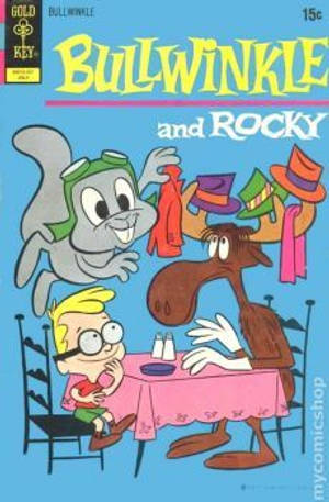 Bullwinkle Rocky 和孩子在桌子旁戴著彩色帽子在漫畫書封面