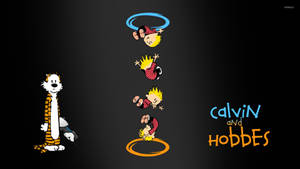 Calvin 和 Hobbes 卡通角色進行雜技表演，帶有漫畫標題。 — 凱文的幻虎世界 壁紙