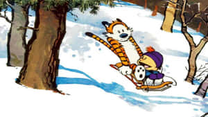 Calvin 和老虎在冬季森林的雪山上坐雪橇滑下。 — 凱文的幻虎世界 壁紙