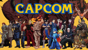 Capcom 電子遊戲角色在火龍背景前英勇地擺姿勢。 — 卡普空 壁紙
