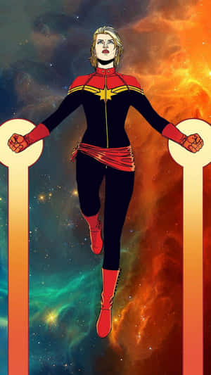 Captain Marvel 在色彩繽紛的太空星雲中漂浮在發光的柱子之間。 — 漫畫 壁紙