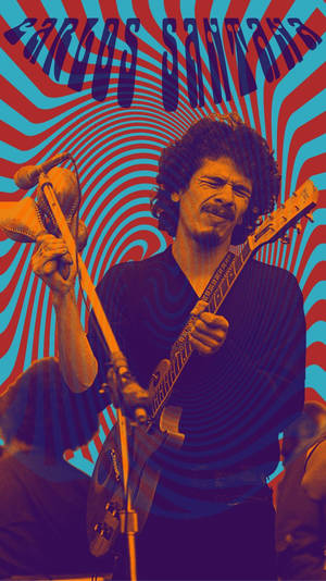 Carlos Santana 在舞台上彈奏電吉他，背景是漩渦迷幻風格。 — 音樂 壁紙