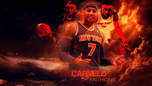 Carmelo Anthony 身穿尼克隊球衣，被熾熱的雲層和鬼魅般的籃球運動員包圍。 — 卡梅羅·安東尼 壁紙