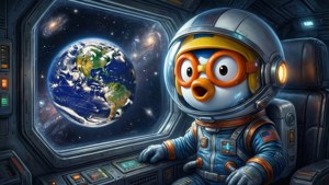 卡通鴨子太空人透過太空船窗戶看著地球