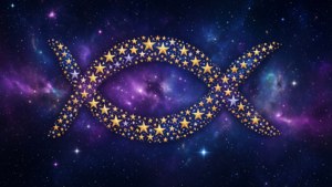 金色和銀色海星符號，以色彩繽紛的宇宙星雲為背景。
